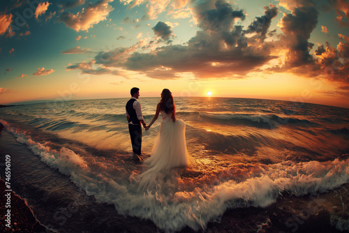 Wedding couple on the beach at sunset. Bride and groom
