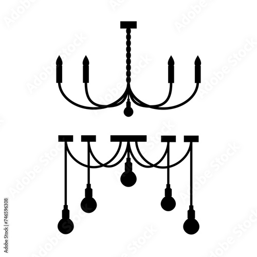 Furniture chandelier, floor and table lamp in flat cartoon style. Lamps on a white background. Chandeliers, illuminator, flashlight - elements of a modern interior. Vector illustration.