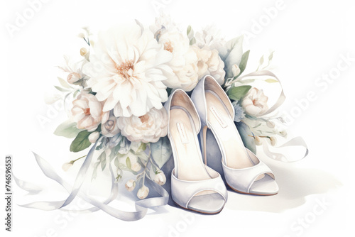 Watercolor bridal shoes and roses on whtie background. photo