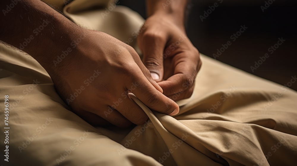 Laundry worker's hands folding pressed khaki pants sharp creases rich texture
