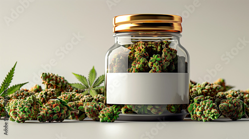 Cannabis buds in a jar, weed advertising