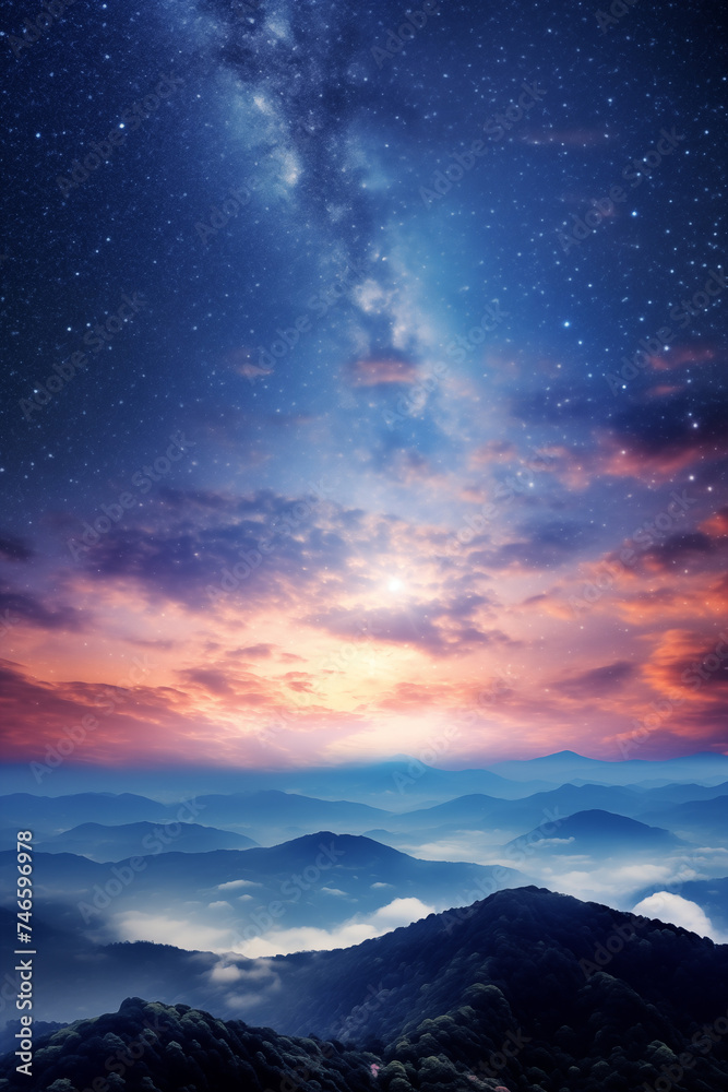 Milky Way and stars shining over mountain peak. Starry night with milky way at dawn. Milky Way and stars shining over mountain peak. Starry night with milky way at dawn.