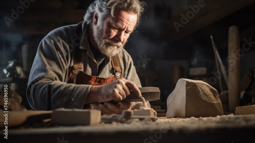Sculptor poised to carve stone mallet and chisel in hand diffused lighting