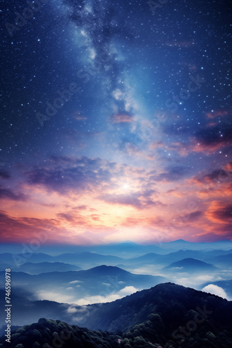Milky Way and stars shining over mountain peak. Starry night with milky way at dawn.