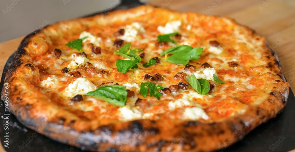 Pizza Margherita Italian, tasty with mozzarella cheese on wooden board. Pizza for promo flyer restaurant, menu, advert or package