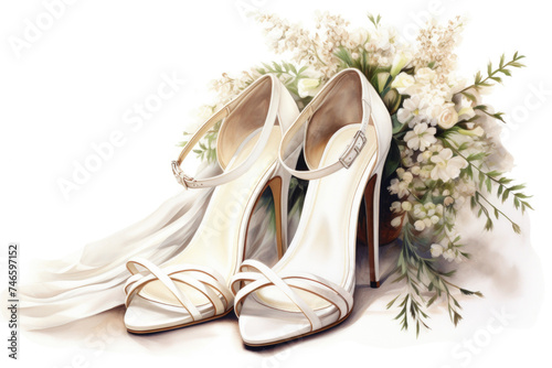 Watercolor bridal shoes and roses on whtie background.