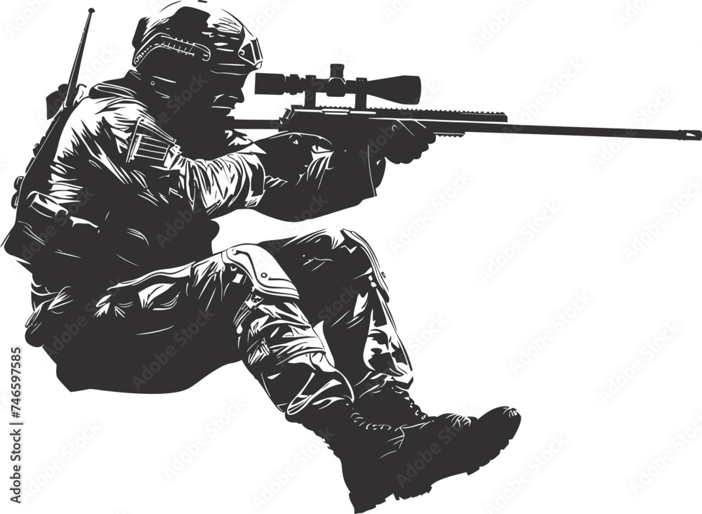 Silhouette sniper in action black color only full body Silhouette sniper in action black color only full body