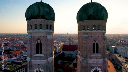 Aerial view of Munich City Germany at sunrise, Cathedral Church of Our Lady (Frauenkirche) in munich old town Marienplatz. Beautiful Munchen Skyline aerial view at morning. Munich skyline photo
