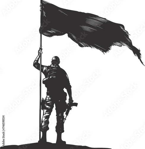 Silhouette Soldiers or Army pose in front of the black flag black color only