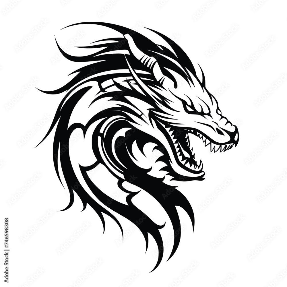 Dragon Head Tribal Tattoo, Vector Silhouette Art Dragon Head Tribal Tattoo, Vector Silhouette Art