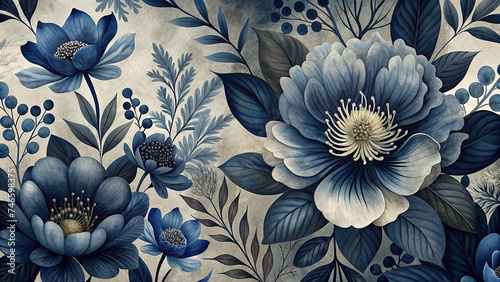 Indigo Floral Poster: Living Room Boho Style Print with Navy Blue Flowers Wall Art - Botanical Printable Home Decor in Muted Colors