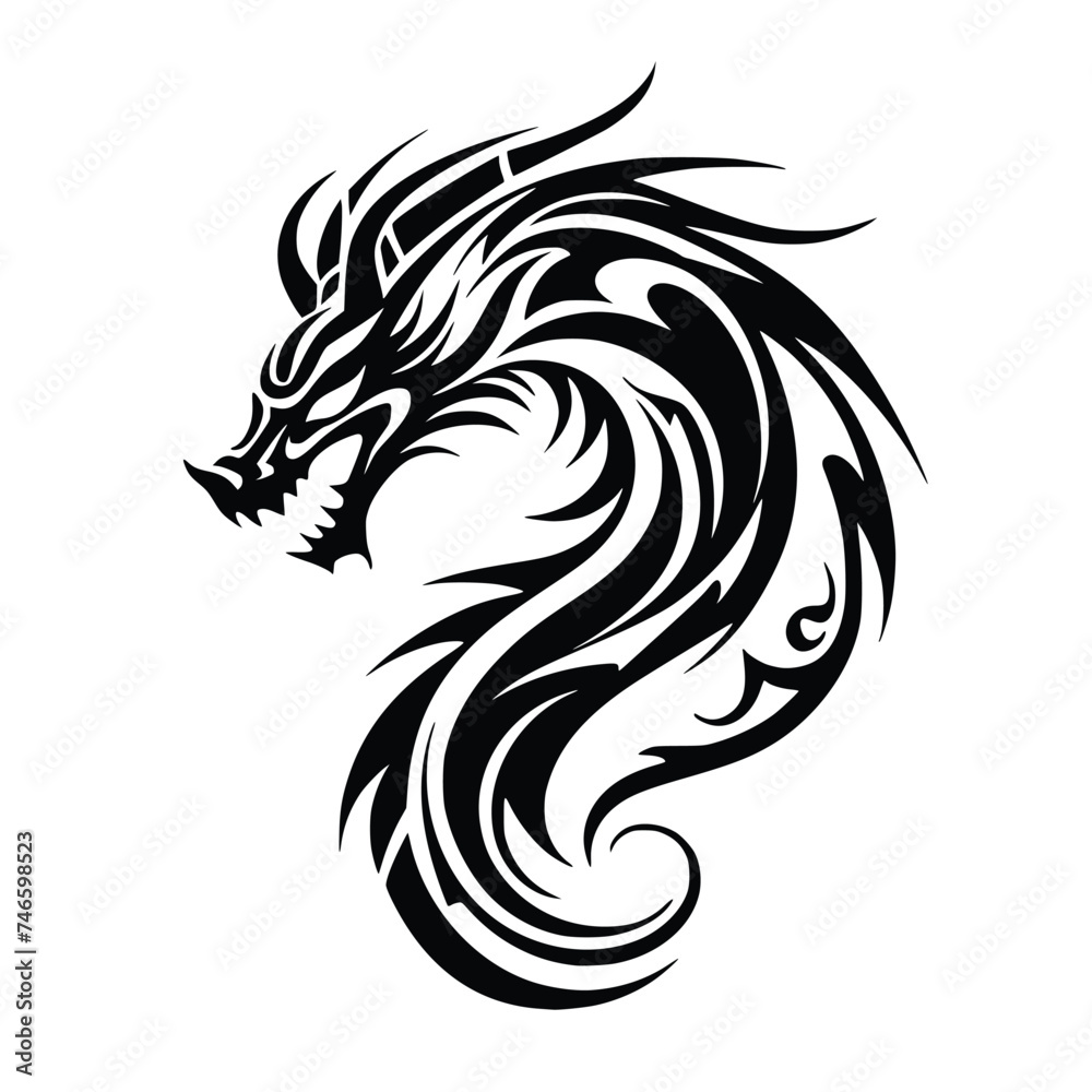 Tribal Dragon Head Silhouette, Vector Tattoo Art