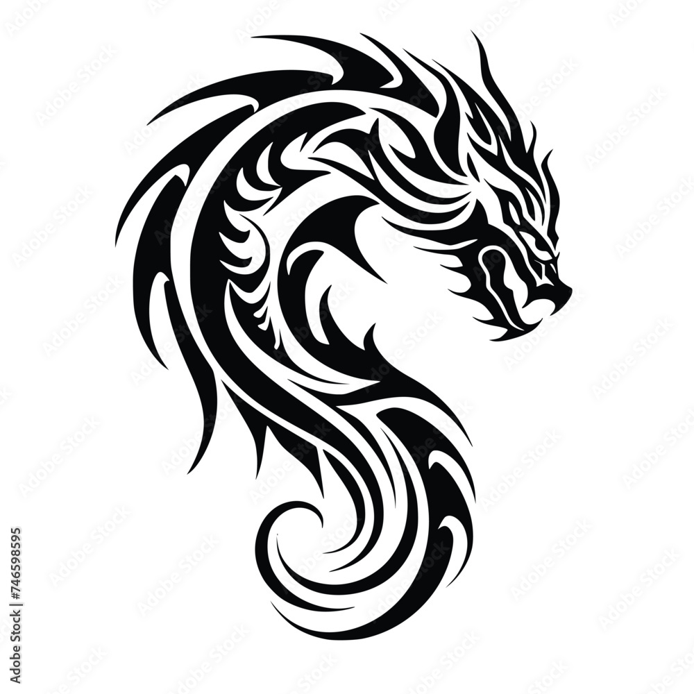 Silhouette of a Dragon Head, Tribal Style Vector Tattoo Illustration