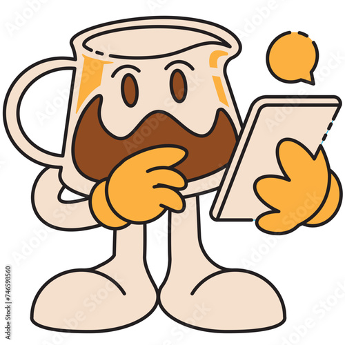 coffee jug mascot chatting with mobile phone