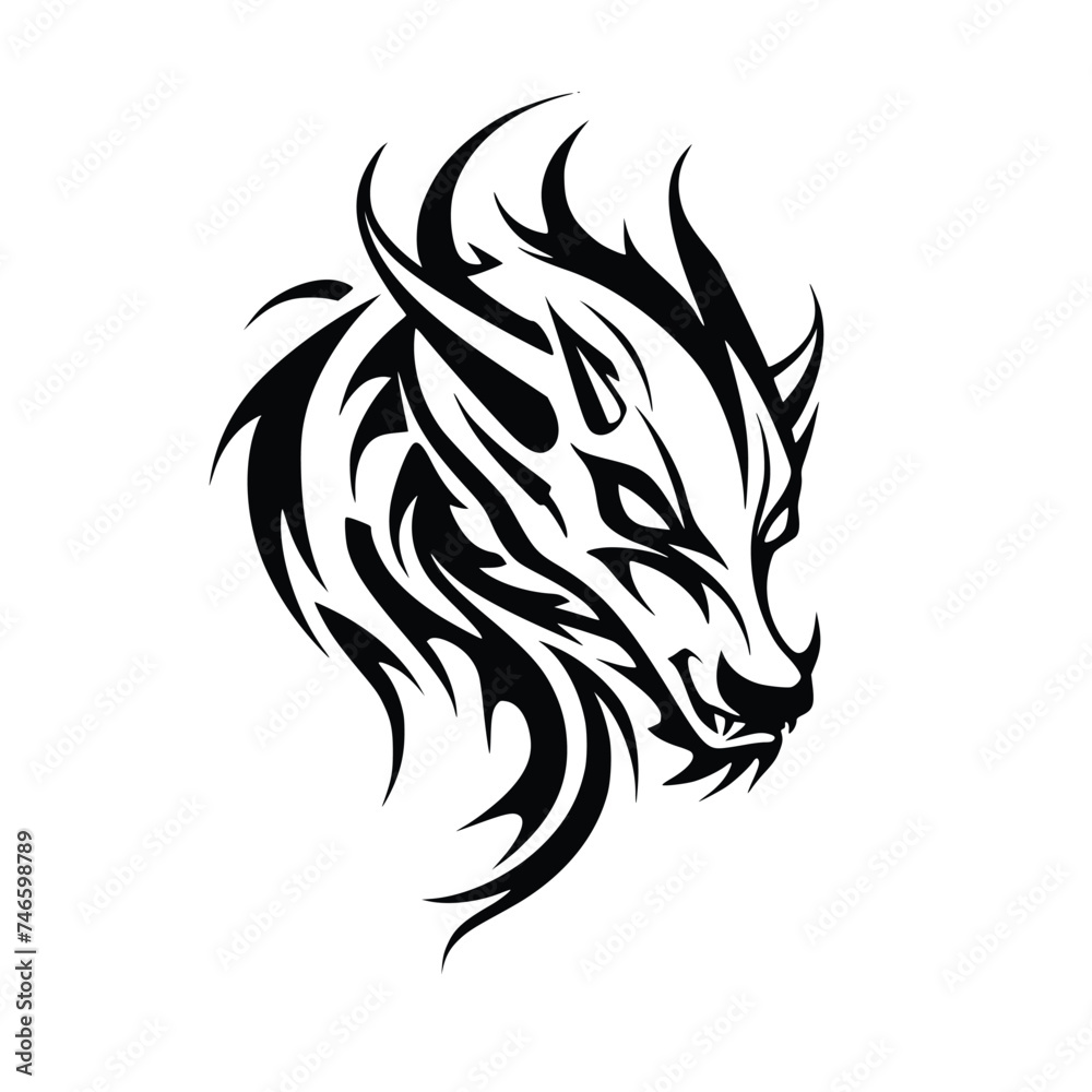 Obraz premium Vector Art of a Silhouette of a Dragon Head, Tribal Tattoo Design
