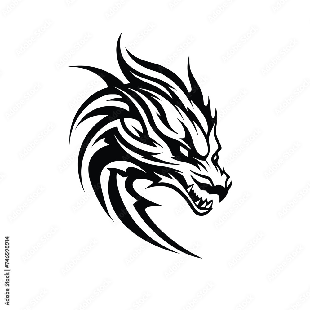 Obraz premium Dragon Head Tribal Tattoo Design, Silhouette Vector Art