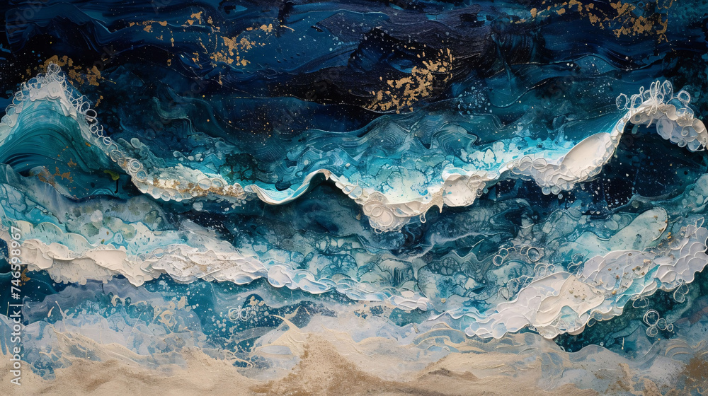 Dark Blue and Gold Abstract Ocean Wave Painting
 - obrazy, fototapety, plakaty 
