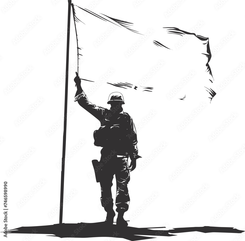 Silhouette Soldiers or Army pose in front of the white flag black color only Silhouette Soldiers or Army pose in front of the white flag black color only