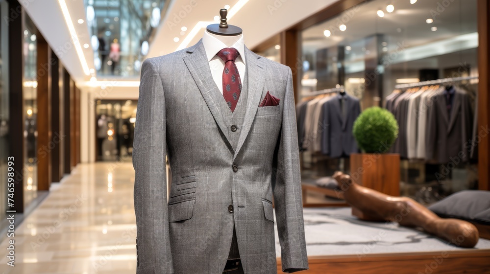 Luxurious suit on display in a shopping mall with free copy space for text or designs Luxurious suit on display in a shopping mall with free copy space for text or designs