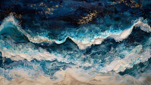 Dark Blue and Gold Abstract Ocean Wave Painting 