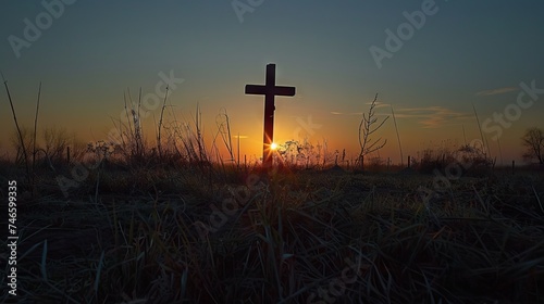 Sunrise service at a church, cross silhouetted against the dawn, symbolizing resurrection and new life
