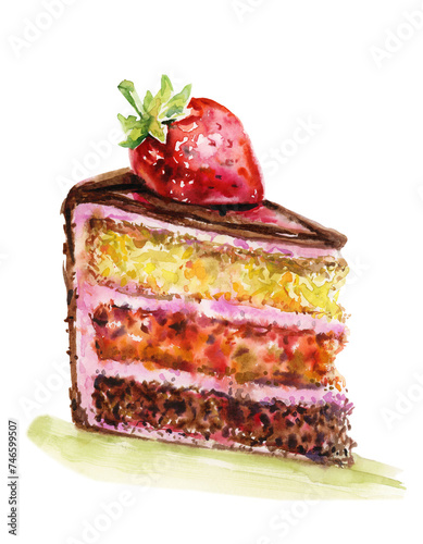 Piece of  cake  with strawberry on top, isolated on white. Watercolor illustration.