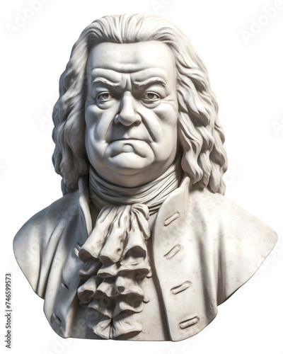 Marble bust of famous composer Johann Sebastian Bach on the transparent background. Sculpture of a famous musician. 