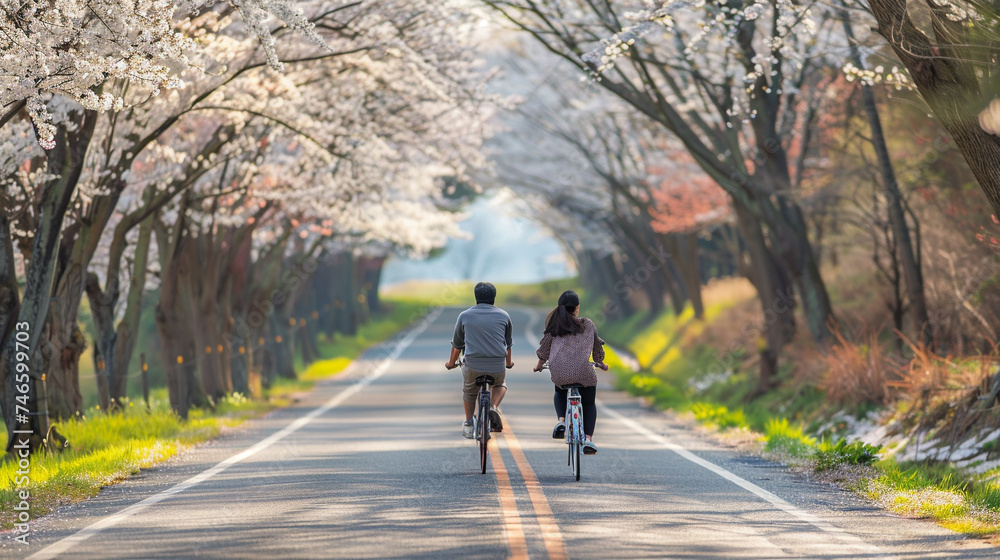 A couple riding bicycles together along a scenic countryside road lined with blossoming trees