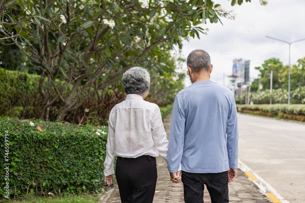Couple in the park near home to relax, health and exercise in love sports, old man and senior woman taking a walk outdoors together in the morning Couple in the park near home to relax, health and exercise in love sports, old man and senior woman taking a walk outdoors together in the morning