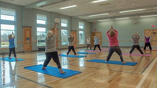 A group of seniors doing yoga in a community center