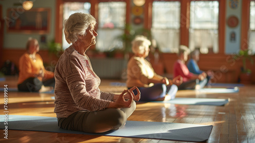 A group of seniors doing yoga in a community center