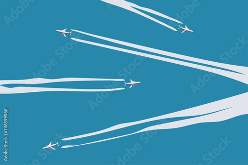Commercial flight passenger jets flying in the blue sky with streams and trails behind, simple paper cut vector graphic