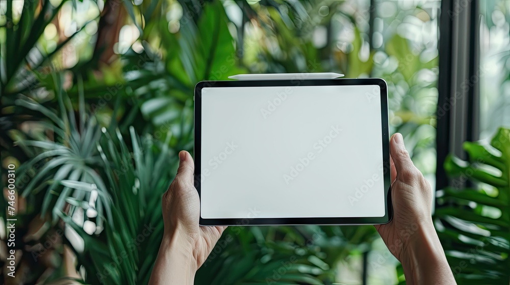 mockup with horizontal new ipad, person holding ipad in hands, background blurry  