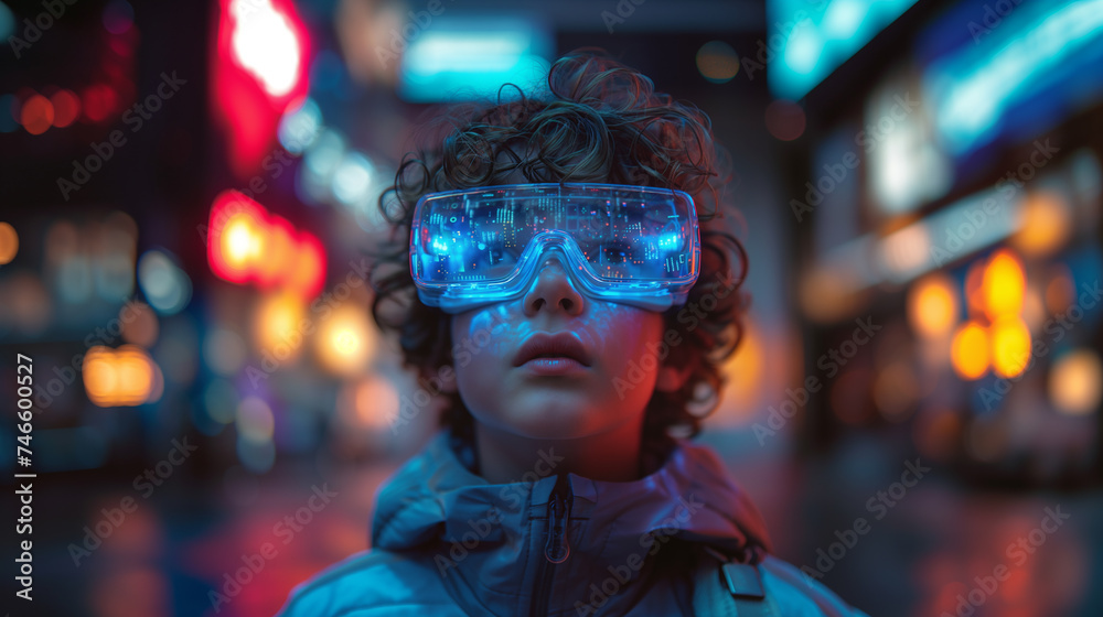 Tech Illumination Child in VR Glasses Explores Augmented Reality with Neon Tech Illumination Child in VR Glasses Explores Augmented Reality with Neon