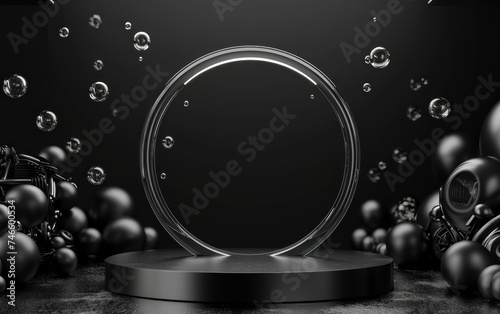 Luxury round black podium with silver ring and bubble, white backlight on abstract black background. 3d mockup platform for showing product