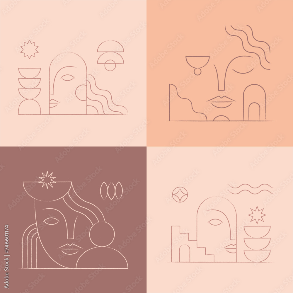 Vector hand drawn abstract feminine illustrations in ancient aesthetic.Branding design templates in trendy linear minimal style with woman face,geometric elements.Bohemian beauty and fashion concepts.
