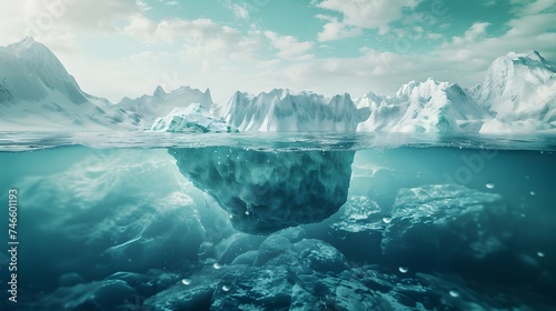 Crisis concept Global warming and melting glaciers, Iceberg in the ocean with a view underwater, Crystal clear water, Hidden Danger, before complete climate change photo