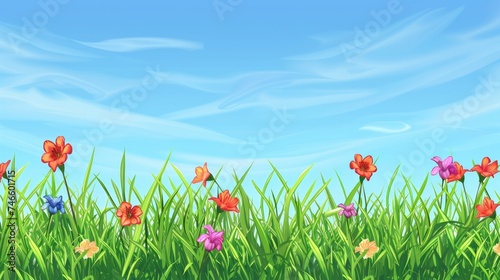 peacefull grassy background with colorfull flower. On the top we can see a blue sky. It has to be a background. The sky has to take more space than the grass   photo