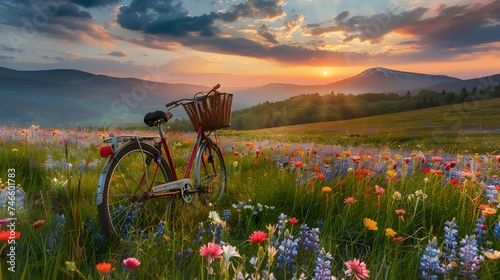 Bicycle with a wicker basket in a Beautiful spring landscape with colorful wildflowers in a green meadow, mountain background, at sunset. photo