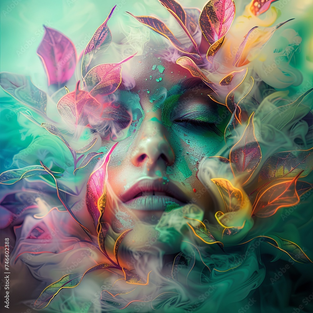 A dreamlike vibrant portrait of a woman with flower patterns, in the style of futuristic fantasy. Made of mist, intricate foliage, soft edges and atmospheric effects. Turquoise and pink color palette.