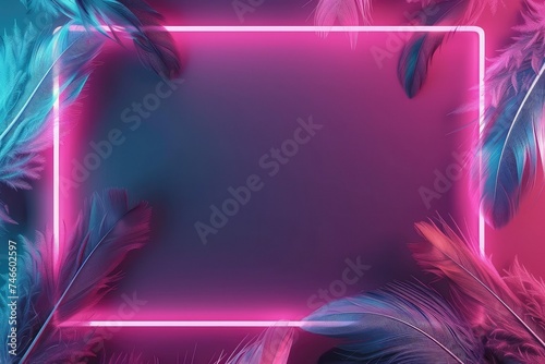 A neon frame with feathers on a dark background. © Suwanlee