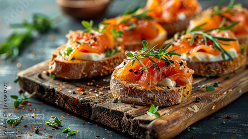 Delicious homemade smoked salmon gluten free canape garnished with a fresh microgreen and spices on wooden board. Close up. Menu, recipe. Selection of tasty bruschetta or canapes with salmon photo