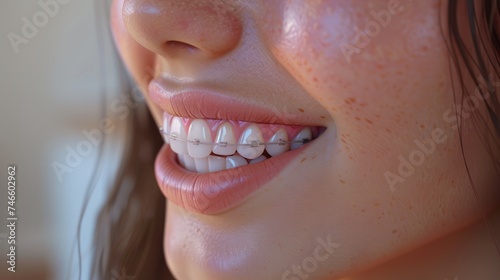 Close-Up of a Subtle Smile with Ceramic Braces. Detailed close-up of a subtle  contented smile with white ceramic braces on perfectly aligned teeth  highlighting modern orthodontic options.