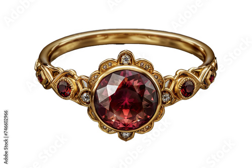a golden ring with a large ruby in the center, isolated on transparent background, png file
