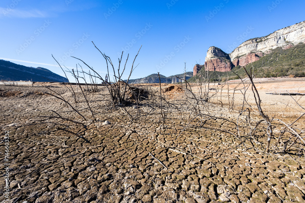 Lack water Sau Reservoir. The swamp is at very low water levels due to ...