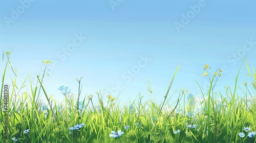 Spring Meadow Wallpaper with copy-space. Nature Scene with Long Grass, Wild Flowers and Clear Blue Sky. 