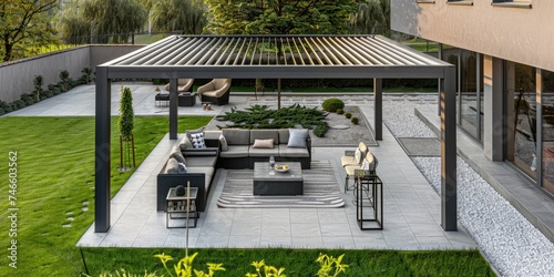 A pergola in the courtyard of a house, with garden furniture photo