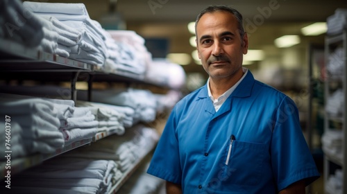 Overseeing hospital laundry supervisor among neatly folded medical linens
