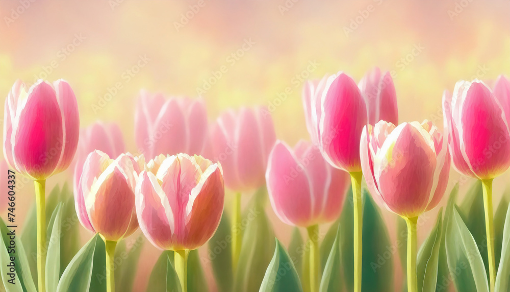 Close-up of blooming pink tulips field. Beautiful spring flowers.
