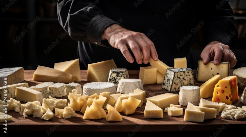 Dairy tester evaluating cheeses cheese wheels background